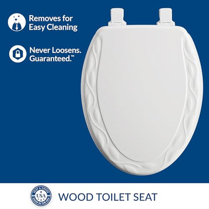 Mayfair Sculptured Ivy Toilet Seat, Easy Clean Hinges with Durable Wood Seat, Made in USA, Elongated, White - color: White, size: Elongated, style: Ivy