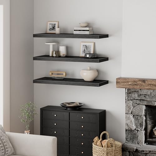 QEEIG 12" Deep Floating Shelves for Wall - 12 x 36 inch Book Shelf Bathroom Bedroom Kitchen Living Room Hanging Bookshelf Farmhouse Set of 3, Black (026-90B3) - color: B. Black, size: 35.4" x 12"