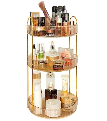 VNIMTI Skincare Organizers 360 Rotating, 3 Tier Makeup Organizer Countertop, Spinning Cosmetics Organizer Display Cases, Beauty Storage for Vanity, Countertop, Bathroon (Gold - Separate Grids) - color: Gold - Separate Grids