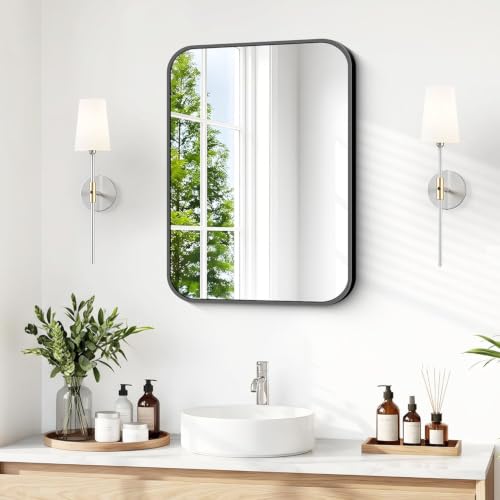BONEWEI 16x20 inch Bathroom Mirror,Black Rectangle Mirror,Wall Mounted Bathroom Frame Vanity Mirror with Round Corner for Bedroom Living Room,Entryway Hangs Horizontal or Vertical - color: Black Rounded Rectangle, size: 20"L x 16"W