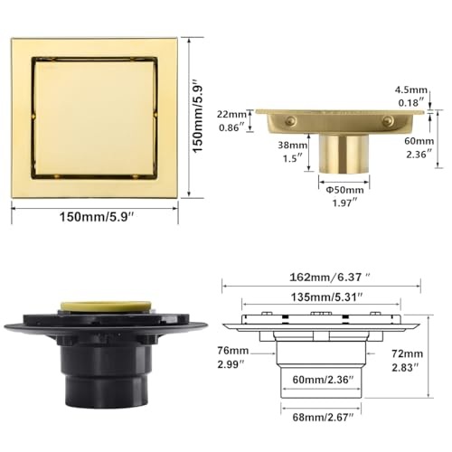 RANDOM Brushed Gold Shower Drain Square with Adjustable Base Flange,SUS304 Stainless Steel 6 inch Floor Drain Kit with Tile Insert Flat Shower Drain Cover & Threaded Adapter.98728BG-S - color: D-brushed Gold-6″ Square With Base Flange