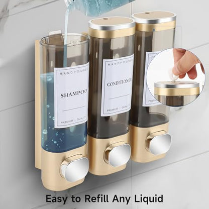 Shampoo and Conditioner Dispenser, 3 Chamber 300ml, Wall Mounted, Gold | Shower Soap Dispenser, Refillable Hand Soap Dispensers, Body Wash Dispenser for Bathroom, Kitchen, Hotel, Home - color: Gold, size: 3 Chamber