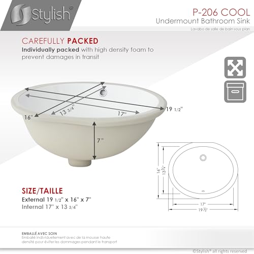 Stylish Oval Bathroom Sink 19 1/2 x 16 Inch Ceramic Porcelain Undermount Bathroom Sinks Enamel Glaze Finish Smooth and Stain Resistant Surface with Chrome and Matte Black Overflows, Pack of 2, P-206-2 - style: 19.5 Inches Oval