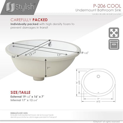 Stylish Oval Bathroom Sink 19 1/2 x 16 Inch Ceramic Porcelain Undermount Bathroom Sinks Enamel Glaze Finish Smooth and Stain Resistant Surface with Chrome and Matte Black Overflows, Pack of 2, P-206-2 - style: 19.5 Inches Oval