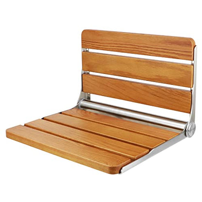 18” Teak Folding Shower Seat Wall Mounted, 400 lbs Heavy Duty Fold Down Shower Bench, Space Saving Bathroom Shower Chair with Stainless Steel Frame, Non-Slip Spa Seat for Elderly & Small Spaces - color: Yellow, size: 18 inchs