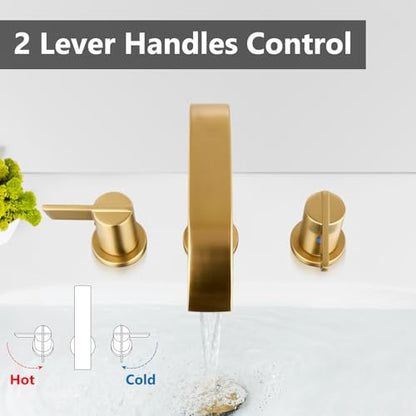 Brushed Gold Bathroom Faucet 3 Hole 8 Inch Widespread Waterfall | 2-Handle Vanity Faucet, Pop-Up Drain, Supply Lines, Adjustable 4- to 16-Inch Widespread Fit, 360° Swivel Spout - color: Brushed Gold