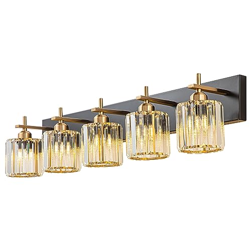 Modern Crystal Bathroom Vanity Lights, Black Gold 5-Lights Bathroom Light Fixtures Over Mirror, Crystal Wall Lighting with Polished Gold Finish(Exclude Bulb) - color: Black Gold-Round Shade, size: 5-Light