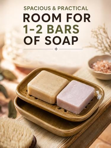 Miamolo 2 Layer Soap Dishes for Shower with Drainage, Keep Soap Bars Dry | Ceramic Bar Soap Holder Saver, Self Draining Top, Removable Drip Tray Non-Slip, Bathroom Kitchen Sink Dishwasher Safe, Yellow - color: Yellow