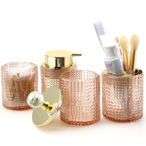 DASITON Bathroom Accessories Set,4Pcs Glass Bathroom Counter Set with Foaming Soap Dispenser,Toothbrush Holder,Bathroom Tumbler,Cotton Swab Jars, for Vanity Bathroom Decor (Pink) D1102 - style: Pink