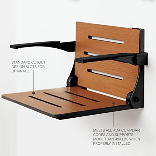 Seachrome Silhouette Comfort Folding Wall Mount Shower Bench Seat with Arms, Teak Seat with Matte Black Frame - color: Teak Seat With Matte Black Frame and Black Arm Pads