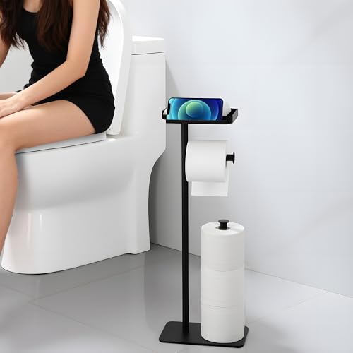 Toilet Paper Holder Stand with Phone Shelf, Rustproof Free Standing Toilet Paper Stand for 4 Rolls, Toilet Roll Dispenser Storages for Phones, Wipe, Wallet and Small Items, Black - color: Black