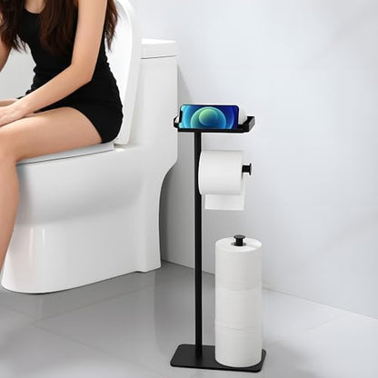 Toilet Paper Holder Stand with Phone Shelf, Rustproof Free Standing Toilet Paper Stand for 4 Rolls, Toilet Roll Dispenser Storages for Phones, Wipe, Wallet and Small Items, Black - color: Black
