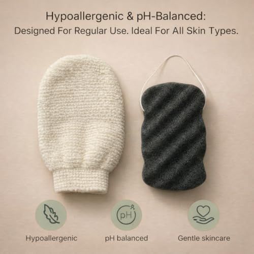 Korean Exfoliating Hemp Glove & Konjac Body Sponge Set. Deep Exfoliating Soft Body Scrubber Glove & Konjac Body Sponge, Dead Skin Remover for Keratosis Pilaris, 100% Vegan