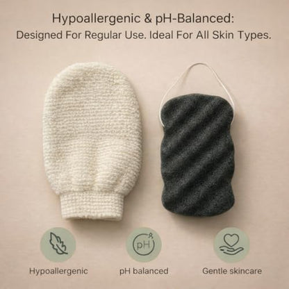 Korean Exfoliating Hemp Glove & Konjac Body Sponge Set. Deep Exfoliating Soft Body Scrubber Glove & Konjac Body Sponge, Dead Skin Remover for Keratosis Pilaris, 100% Vegan
