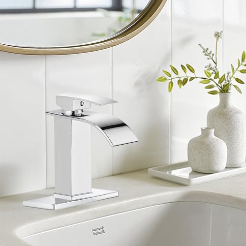 SAGETTA Bathroom Faucet, Single Handle Bathroom Sink Faucet for 1-Hole or 4-Inch 3-Hole Vanity Sinks, Includes Pop-Up Drain, Hot & Cold Supply Lines and Deck Plate, Chrome Finish - color: Chrome, style: 1