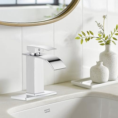 SAGETTA Bathroom Faucet, Single Handle Bathroom Sink Faucet for 1-Hole or 4-Inch 3-Hole Vanity Sinks, Includes Pop-Up Drain, Hot & Cold Supply Lines and Deck Plate, Chrome Finish - color: Chrome, style: 1