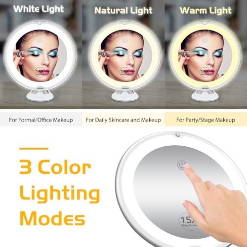 Flexible 15X Magnifying Suction Mirror - Dimmable LED Vanity Mirror, Power Suction Cup, Portable for Home Bathroom - Ideal for Detailed Makeup Eyeshadow Eyeliner (Medium)