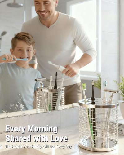 Toothbrush Holder for Bathroom, 304 Stainless Steel Ventilated Countertop Organizer with Slots for Electric & Manual Toothbrushes, Toothpaste, Razor — Paw Print Design, Dishwasher Safe