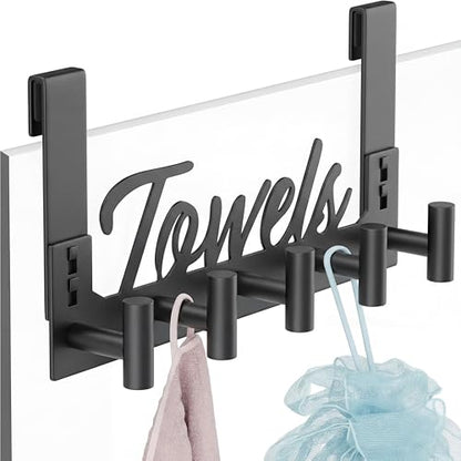 Qunclay Shower Door Hooks 5 Hooks Towel Rack for Frameless Glass Shower Doors, No Drill Stainless Steel Heavy Duty Over Door Towel Holder for Bathroom, Hanging Robe, Towels, Loofah