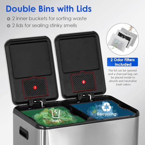 16 Gallon Stainless Steel Foot Pedal Trash Can,Rectangular Removable Inner Buckets Dual Compartment Recycling Large Capacity 60 Liter (30Lx2) Kitchen Garbage Can with Soft Close Lid for Kitchen Office - style: Dual Lid(60L)