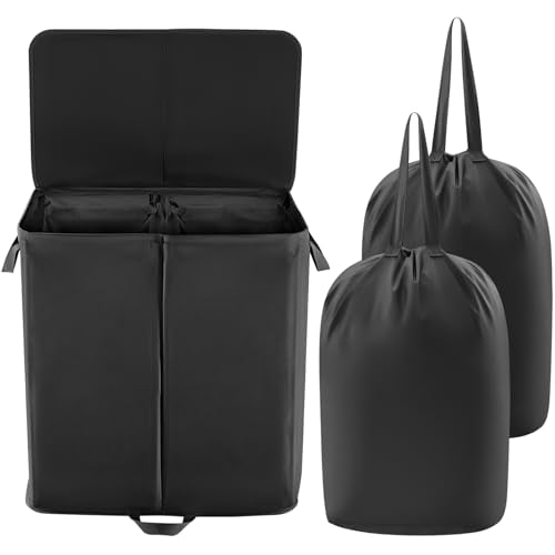 Lifewit 136L Double Laundry Hamper with Lid and Removable Laundry Bags, Large Divided Hamper, Collapsible 2 Section Laundry Basket with Handles for Bedroom, Bathroom, College Dorm, Laundry Room, Black - color: Black