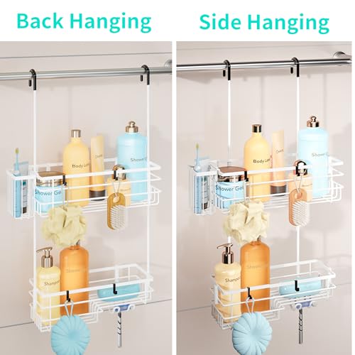 HapiRm Hanging Shower Caddy Organizer - No Drilling Shower Shelves with Hooks and Toothbrush Holder, Rustproof 304 Stainless Steel Bathroom Organizer - White - color: White