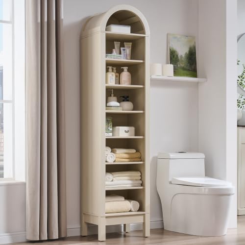 IFBUY 71" Tall Arched Bathroom Storage Cabinet, 8-Tier Modern Farmhouse Storage Cabinet with Adjustable Shelves, Wood Freestanding Cabinet for Bathroom, Living Room, Entryway, Hallway (Cream) - color: Cream, size: 71" Tall 8-Tiers(Middle)