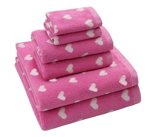 ORIGINAL KIDS 6 Piece Towel Set - 100% Cotton Jacquard Bathroom Towel Set | Bath Time Hearts Kids Towel Set - Super Soft Absorbent Plush - 2 Bath Towels, 2 Hand Towels, 2 Washcloths - Pink White - color: Pink Hearts, size: Set of 6 - Bath-Hand-Wash