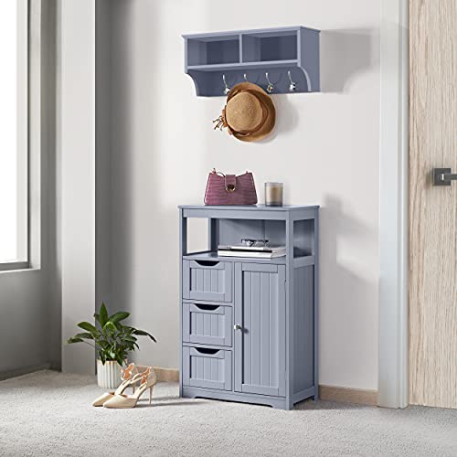 Topeakmart Wood Bathroom Floor Cabinet, Free Standing Storage Cabinet with 3 Drawers and Cupboard, for Hallway/Entryway/Living Room Accent Furniture, Gray - color: Grey