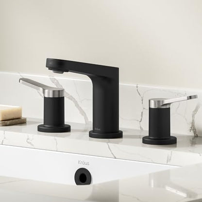 KRAUS Indy Widespread Bathroom Faucet in Spot-Free Brushed Nickel/Matte Black with 2 Handles, Pop Up Drain and Supply Lines, FUS-14103SFBNMB - color: Spot Free Brushed Nickel/Matte Black, style: Widespread