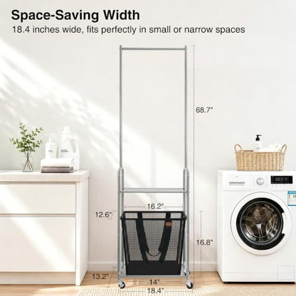 STO STO 3-in-1 Laundry Cart with Hanging Rack, Slim Space-Saving Rolling Laundry Sorter Hamper with Hanging Bar, Removable Pop-Up Mesh Laundry Basket, Storage Shelf, Lockable Wheels for Small Spaces