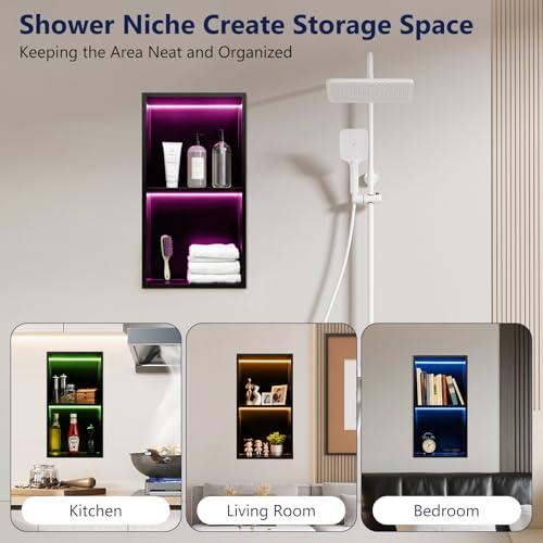 LED Shower Niche 12" X 24" RGB Shower Niche No Tile Needed | 304 Stainless Steel Shower Niche with Light, IP65 Waterproof Bathroom Niche for Shower, Remote Control, Static & Dynamic Mode - color: Matte Black-rgb, size: 12" X 24"