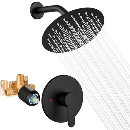 Airuida Shower Faucet Set,8 Inch Matte Black Shower Trim Kit | Round Rainfall Shower Head,Single Handle,Male Threads Rough-in Valve,Wall Mount Bathroom System - color: Black, size: 8 Inch