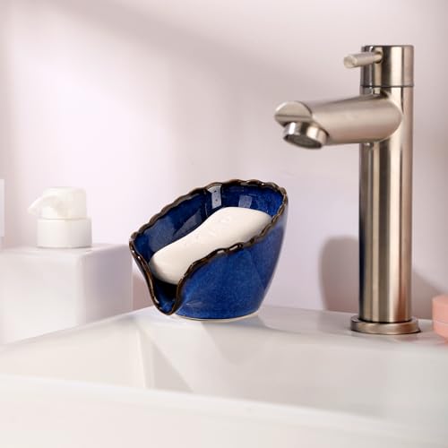 VanEnjoy Dish Washing Soap Holder Blue Ceramic Dish for Soap, Self Draining Soap Holder, Bar Soap Holder Leaf Shape for Bathroom, Kitchen