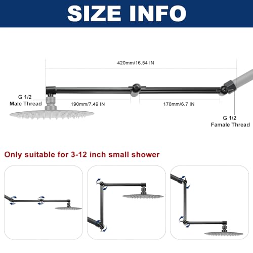 NearMoon Adjustable Shower Arm, Extension Arm Universal Connection, Rise or Lower Shower Head, Adjust Height/Angle to Upgrade Shower Experience, Anti-Leak, 16 Inch (Matte Black)