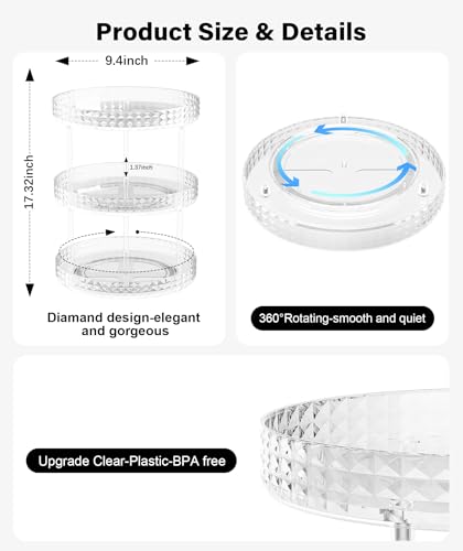 3Tier Diamond Lazy Susan Bathroom Countertop Organizer, 360° Clear Rotating Makeup Cosmetic Perfume Storage Tray, Spinning Vanity Organizer Shelf for Bathroom Cabinet, Dresser, Kitchen(Large) - size: 3 Tier / 10.6Inch-Diamond