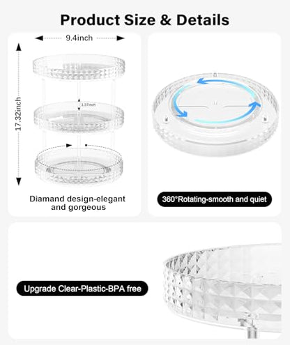 3Tier Diamond Lazy Susan Bathroom Countertop Organizer, 360° Clear Rotating Makeup Cosmetic Perfume Storage Tray, Spinning Vanity Organizer Shelf for Bathroom Cabinet, Dresser, Kitchen(Large) - size: 3 Tier / 10.6Inch-Diamond