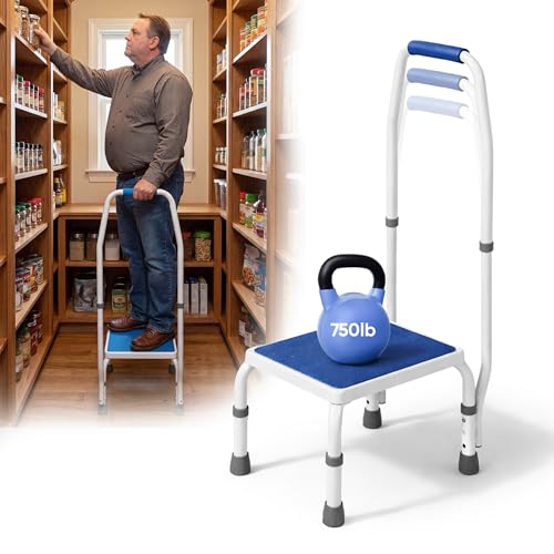 Platinum Health AdjustaStep BARIATRIC Deluxe Step Stool/Footstool with Handle/Handrail, Height Adjustable. 2 Products in 1. Modern White/Blue Design. Padded Non-Slip Handle. 750lb Capacity. - size: 750 lb. Capacity - 1 Step
