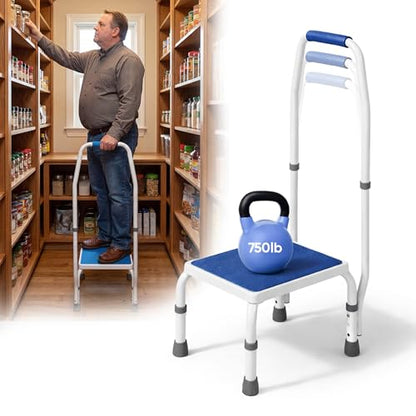 Platinum Health AdjustaStep BARIATRIC Deluxe Step Stool/Footstool with Handle/Handrail, Height Adjustable. 2 Products in 1. Modern White/Blue Design. Padded Non-Slip Handle. 750lb Capacity. - size: 750 lb. Capacity - 1 Step