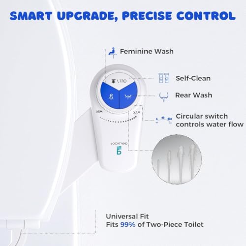 Bidet Attachment for Toilet Seat, Non-Electric Cold Water Bidet with Pressure Controls, Dual Nozzles for Frontal & Rear Wash, Retractable Self-Cleaning for Female & Old- White