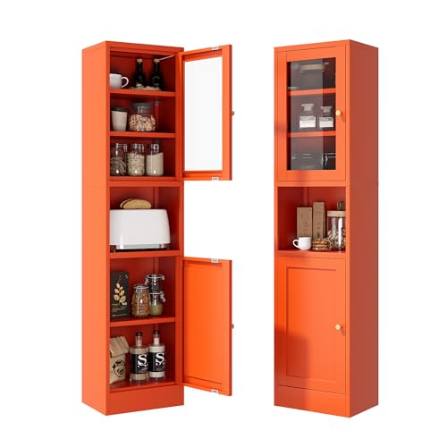 Slim Pantry Cabinet with Hutch, 67" Tall Narrow Storage Cabinets for Small Space,Narrow Metal Corner Cabinet with 3 Adjustable Shelves, Freestanding Tall Bathroom Cabinet for Entryway, Living Room - color: Orange-clear, size: 67"H-2 door