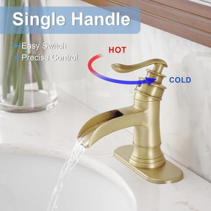 BWE Antique Brass Waterfall Bathroom Faucet, Single Hole Vanity Faucet with Pop Up Drain and Supply Hose for Rustic Home, Powder Room and Guest Bathroom, Solid Brass Construction - color: Antique Brass