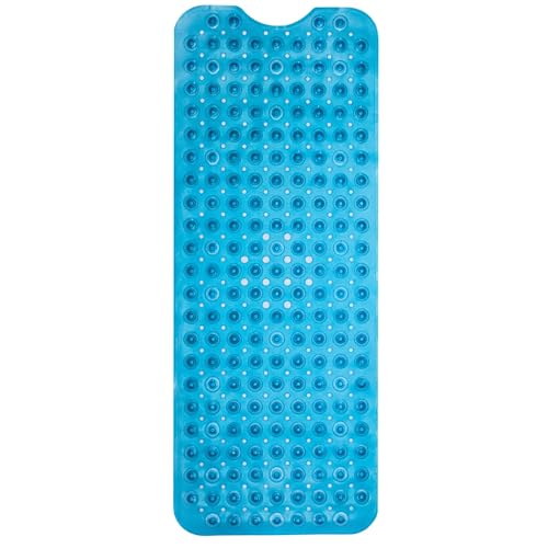 ENKOSI Non-Slip Bath & Shower Mat 40x16 Extra Long, Suction & Drain Holes | Clear Blue look; Durable PVC; 40x16 in, Clear Blue - color: Clear Blue