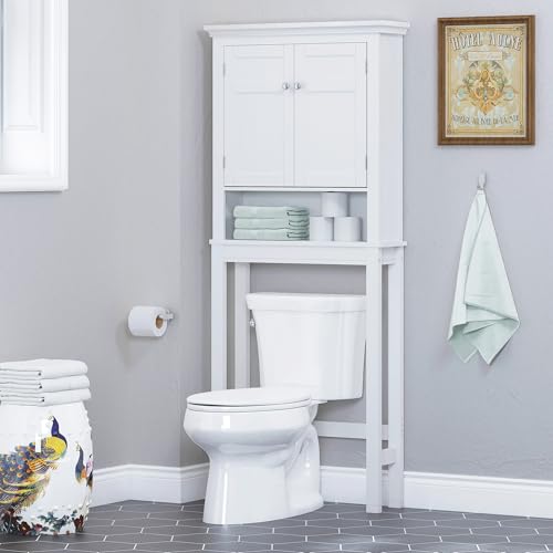 Spirich Over The Toilet Storage Cabinet, White Bathroom Organizer | Shaker Doors, Open & Hidden Storage, Adjustable Interior Shelf, FSC-Certified MDF, Anti-Tip Fitting, Adjustable Crossbar