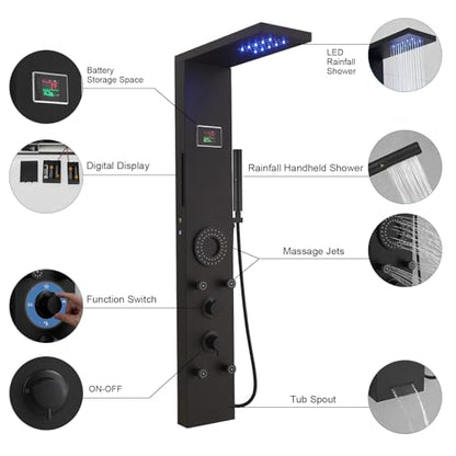 Hoimpro Matte Black LED Shower Panel Tower System,2 In 1Function Shower Panel Light Rainfall Waterfall Shower Rain Massage System with Body Jets Handheld Shower Sprayer, Stainless Steel, Wall Mount - color: Matte Black