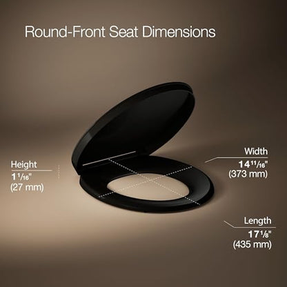 KOHLER K-26802-7 Impro ReadyLatch Quiet Close Round Toilet Seat, Soft Close Seat, Compatible with Round Toilets, Grip-Tight Bumpers, New Home Essentials, Slam Prevention, Black - color: Black/Black, size: Round