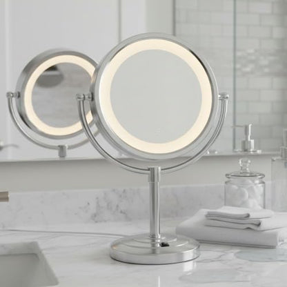 JERDON Lighted Makeup Mirror with 5X Magnification - Nickel - HL745NC | Two-Sided 1X View, 8.5" Diameter, 15.5" Tall, Halo Lighting - color: Nickel