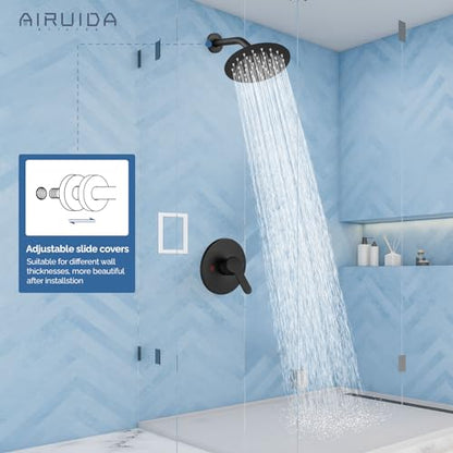 Airuida Shower Faucet Set,6 Inch Matte Black Shower Trim Kit | Round Rainfall Shower Head,Single Handle,Male Threads Rough-in Valve,Wall Mount Bathroom System - color: Black, size: 6 Inch