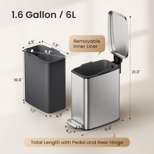 Cesun Slim Bathroom Trash Can with Lid, Soft Close, Silver, 6L/1.6 Gallon | Hidden Trash Bag Design, Small, Stainless Steel, Removable Inner Bucket, Foot Pedal, Odor Control, for RV/Office/Bedroom - color: Silver