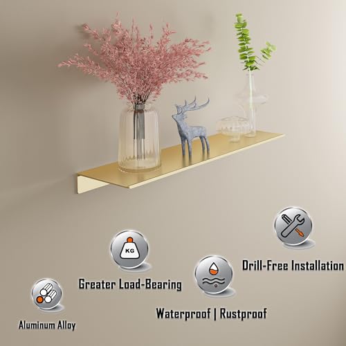 HNVNER Brushed Gold Floating Wall Shelves 2 Packs, Shower Shelf 15.7x4.9 | Anodized Aluminum, Rustproof, No Drilling Option, Adhesive Display Ledge for Bedroom, Living Room, Bathroom, Home Office - color: Brushed Gold, size: 15.6 x 4.9 inch